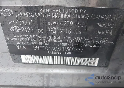 2012 Hyundai Sonata Se from USA, damaged, VIN 5NPEC4ACXCH388777